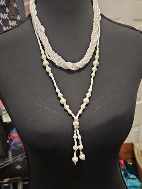 Elegant White Pearl Lariat Necklace - 2 Pierce Set With A FREE Twisted Set!